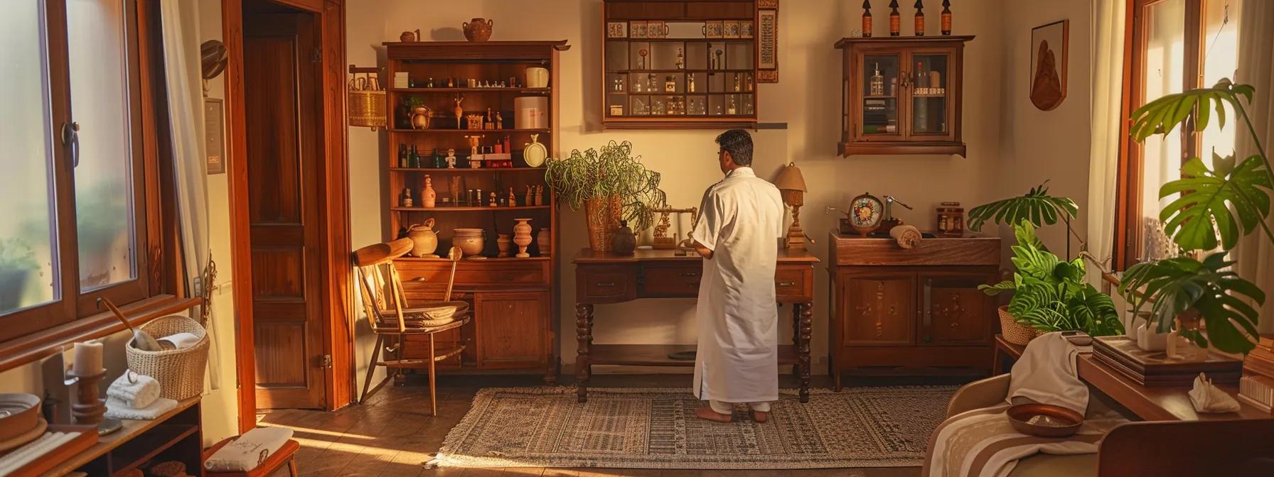 a serene and inviting ayurvedic clinic setting features a knowledgeable practitioner consulting with a patient, surrounded by rich wooden furnishings and traditional healing tools, emphasizing a holistic approach to wellness and personalized care. a serene and inviting ayurvedic clinic setting features a knowledgeable practitioner consulting with a patient, surrounded by rich wooden furnishings and traditional healing tools, emphasizing a holistic approach to wellness and personalized care.