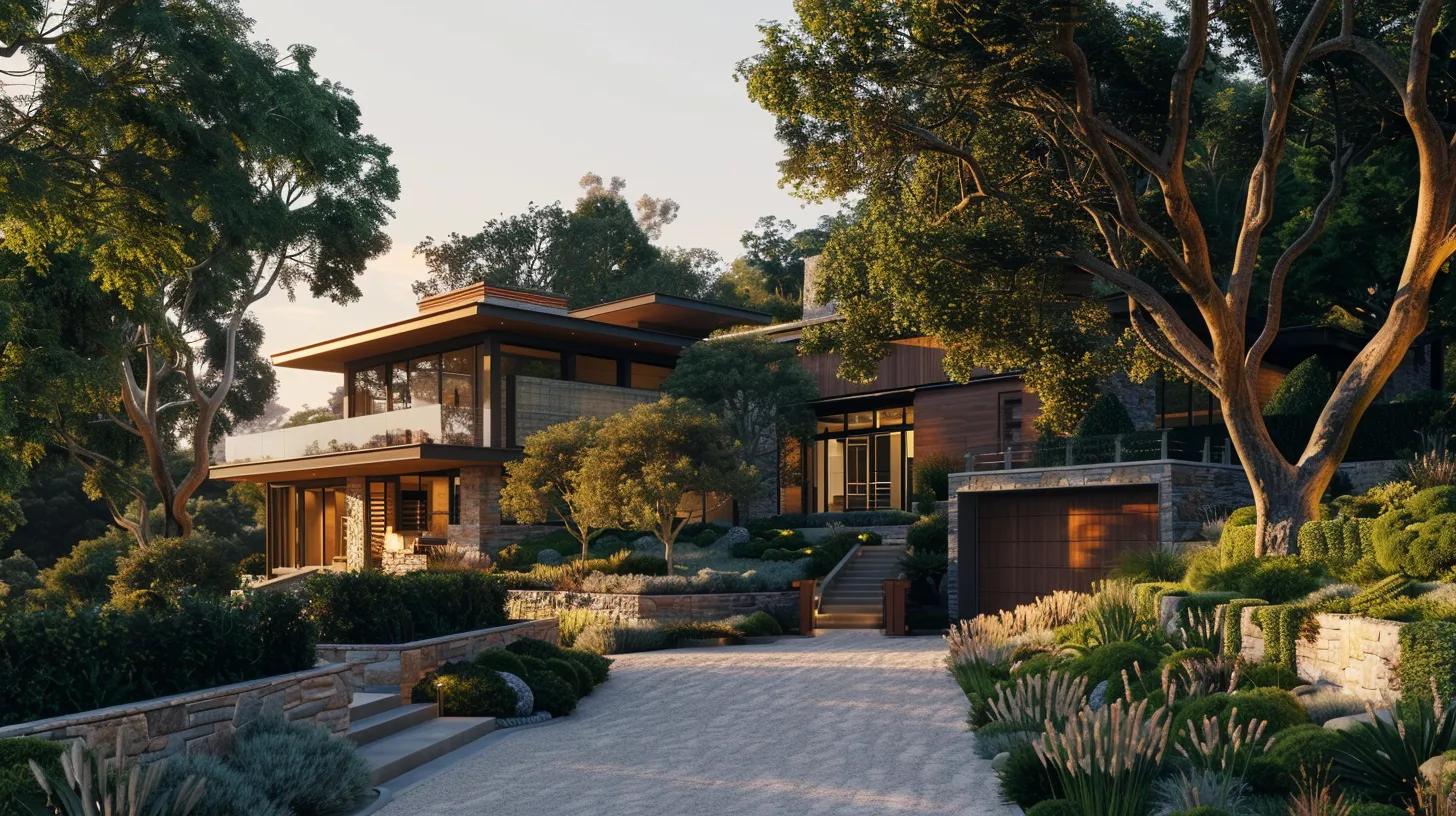 a serene and inviting custom home, crafted from natural oak, seamlessly integrates into a lush landscape, showcasing sustainable architecture that exudes warmth and harmony with the surrounding environment. a serene and inviting custom home, crafted from natural oak, seamlessly integrates into a lush landscape, showcasing sustainable architecture that exudes warmth and harmony with the surrounding environment.