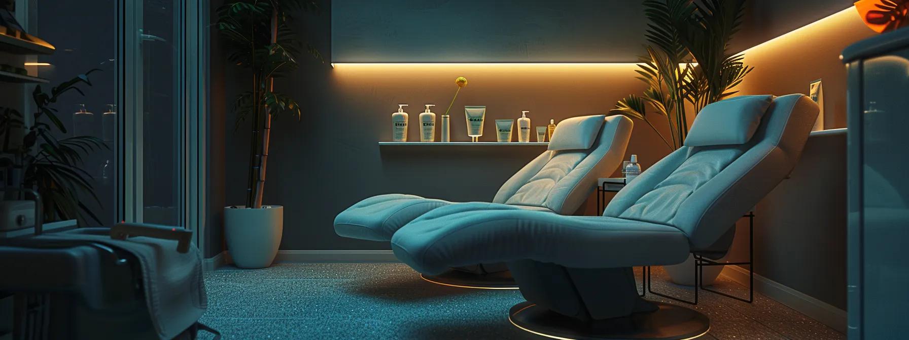 a serene and inviting waxing salon interior, featuring plush seating, soft ambient lighting, and carefully arranged sterilized tools, creating an atmosphere of relaxation and hygiene for clients seeking comfort and safety during their treatments.