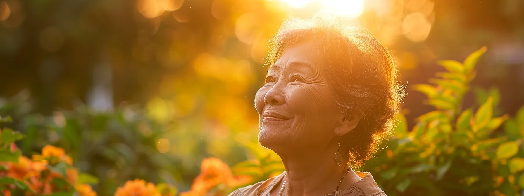 a serene and uplifting scene of a radiant middle-aged woman, basking in golden sunlight, symbolizing vitality and well-being as she gracefully embraces a lush, vibrant garden, representing the transformative health benefits of hormone replacement therapy.