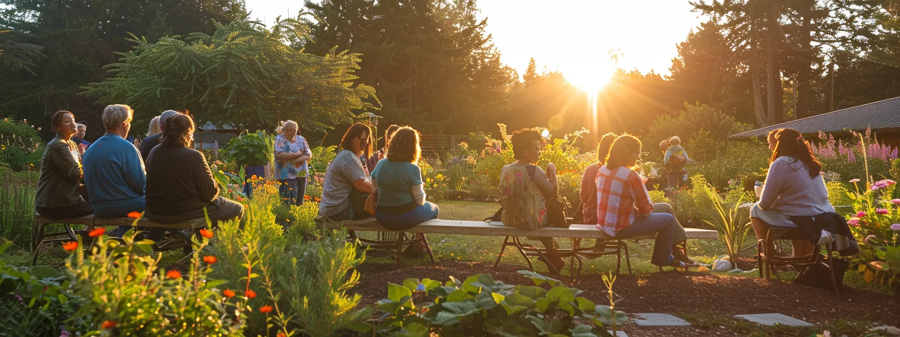 a serene and uplifting scene unfolds on whidbey island, showcasing a close-knit group of diverse individuals gathered in a sunlit garden, sharing support and laughter while engaging in discussions about caregiving practices and community resources. a serene and uplifting scene unfolds on whidbey island, showcasing a close-knit group of diverse individuals gathered in a sunlit garden, sharing support and laughter while engaging in discussions about caregiving practices and community resources.