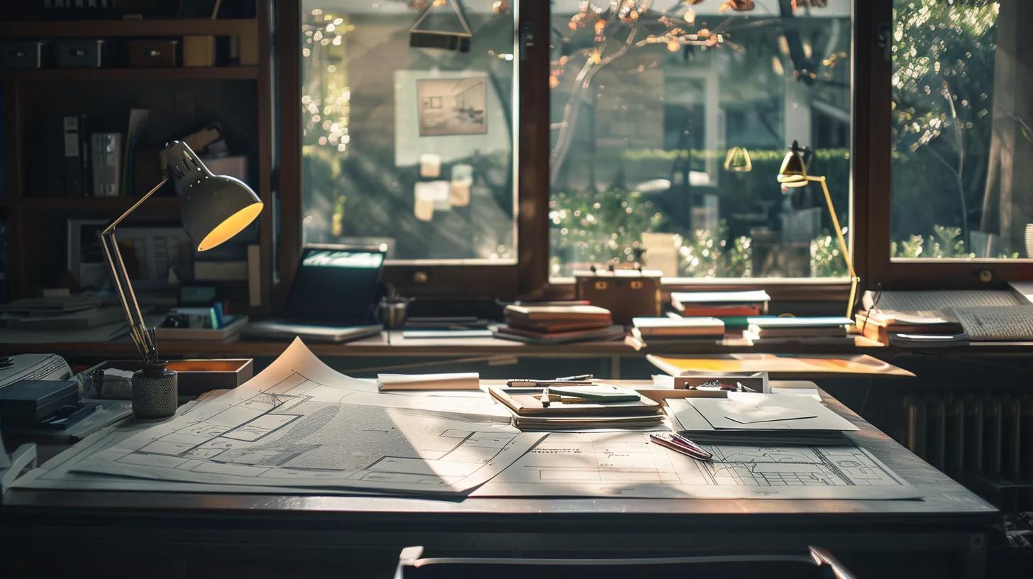 a serene architect's workspace filled with blueprints and mood boards, bathed in natural light, reflecting the collaborative spirit of the custom home design process. a serene architect's workspace filled with blueprints and mood boards, bathed in natural light, reflecting the collaborative spirit of the custom home design process.