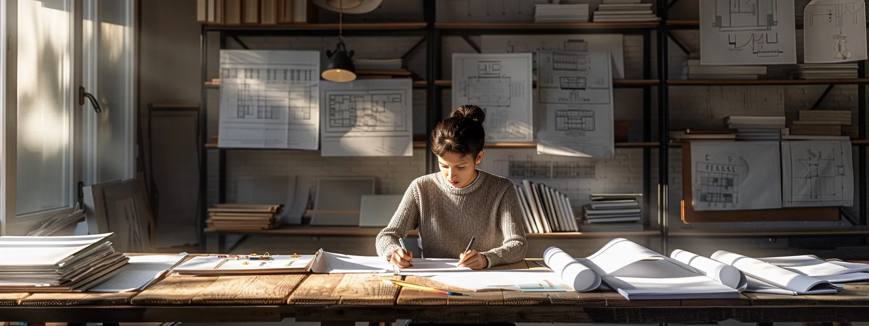 a serene architectural studio bathed in natural light, showcasing an aspiring architect deeply engaged in reviewing intricate project plans and design sketches, surrounded by blueprints and educational materials symbolizing the journey to licensure.