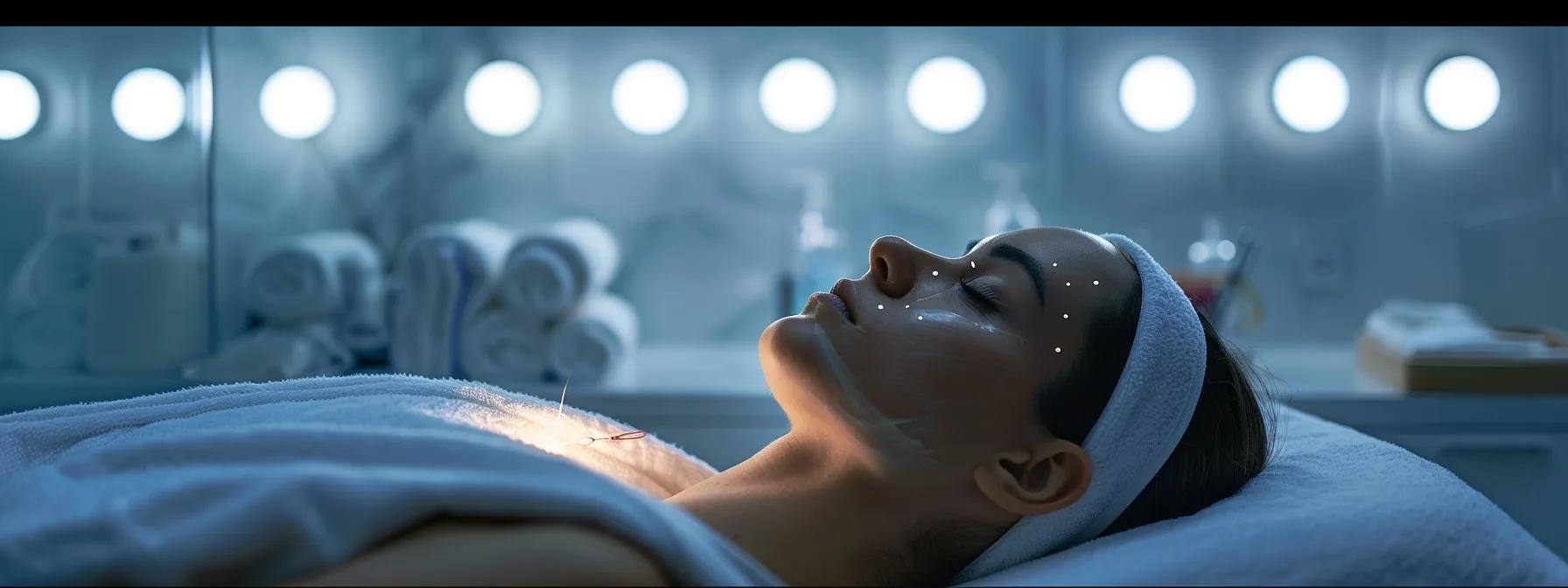 a serene beauty treatment room, adorned with soft lighting and minimalist decor, features a close-up of a client experiencing threading, highlighting the gentle technique's skin compatibility and the calming atmosphere that promotes comfort and care during facial hair removal procedures.