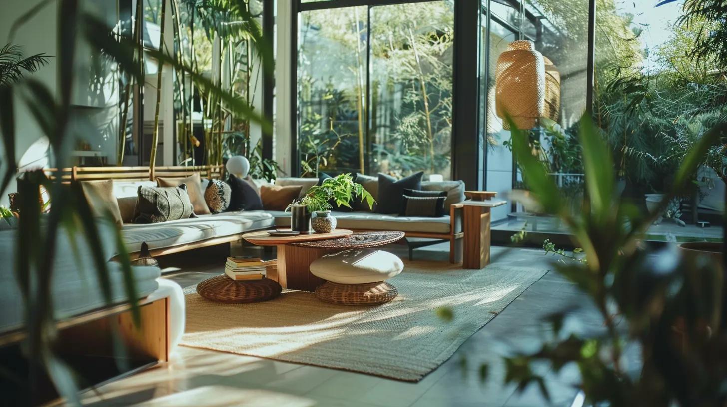 a serene, biophilic-inspired living space features bamboo accents and an open-concept layout, seamlessly blending nature and modern technology for a calming sanctuary in a custom home design for 2024. a serene, biophilic-inspired living space features bamboo accents and an open-concept layout, seamlessly blending nature and modern technology for a calming sanctuary in a custom home design for 2024.