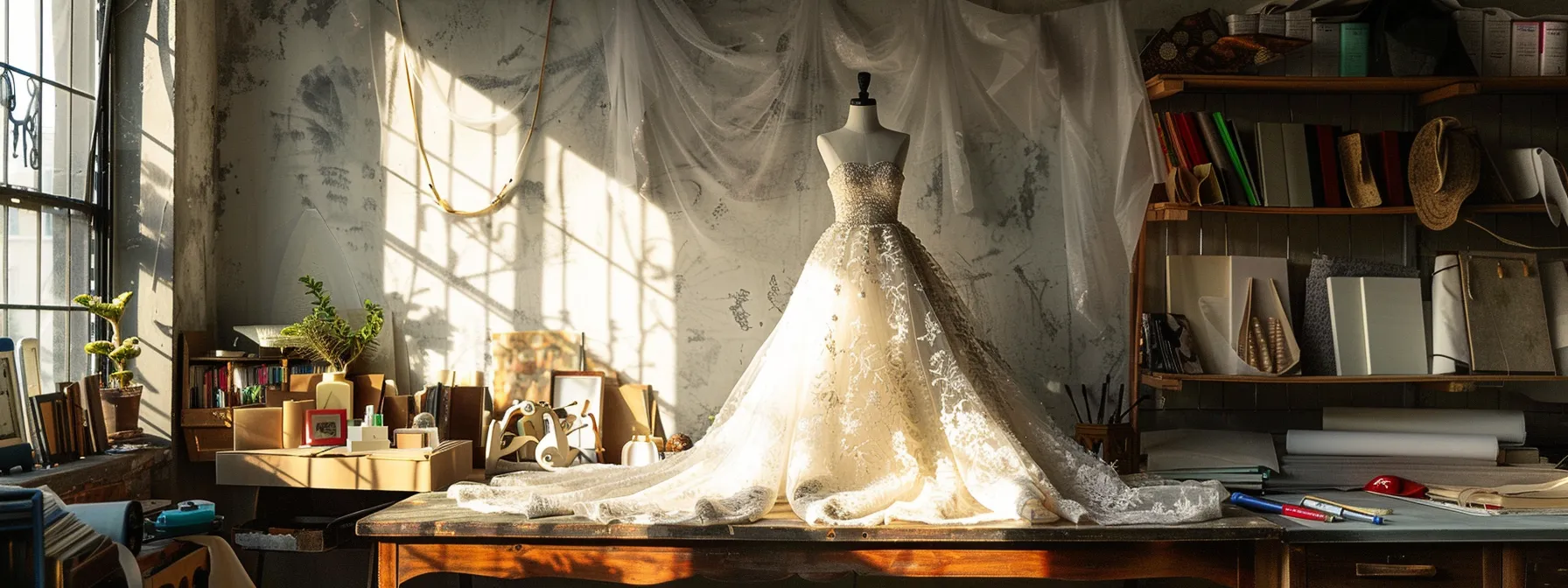 a serene bridal scene showcases a stunning wedding gown draped elegantly on a vintage dress form, with a variety of fabric swatches and alteration tools artfully arranged nearby, illuminated by soft, natural light that highlights the intricate details and craftsmanship of the gown. a serene bridal scene showcases a stunning wedding gown draped elegantly on a vintage dress form, with a variety of fabric swatches and alteration tools artfully arranged nearby, illuminated by soft, natural light that highlights the intricate details and craftsmanship of the gown.