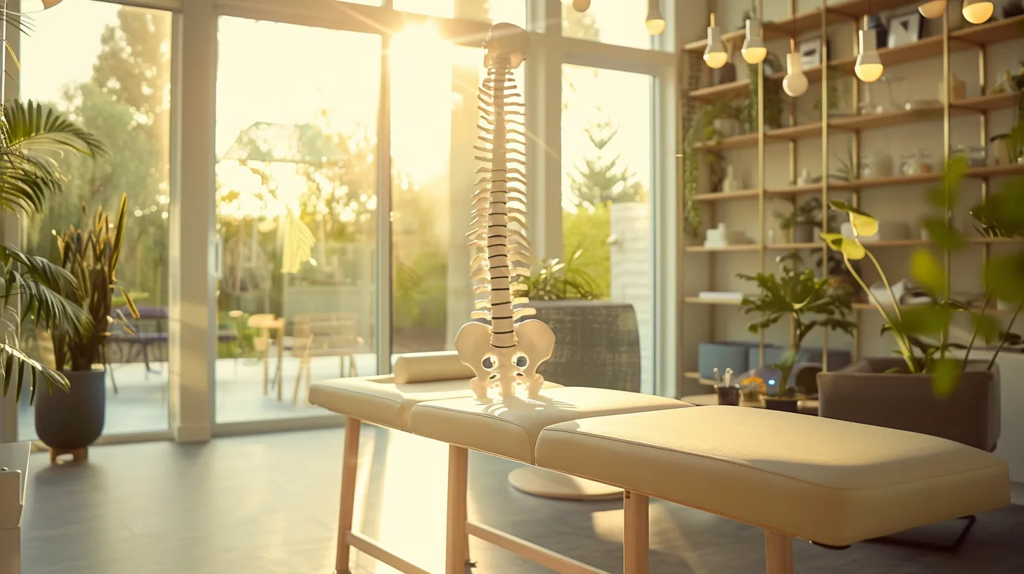 a serene chiropractic clinic with a glowing, sunlit treatment room, showcasing a spine model on a sleek table surrounded by tranquil nature-inspired decor, symbolizing relief and recovery from back pain. a serene chiropractic clinic with a glowing, sunlit treatment room, showcasing a spine model on a sleek table surrounded by tranquil nature-inspired decor, symbolizing relief and recovery from back pain.