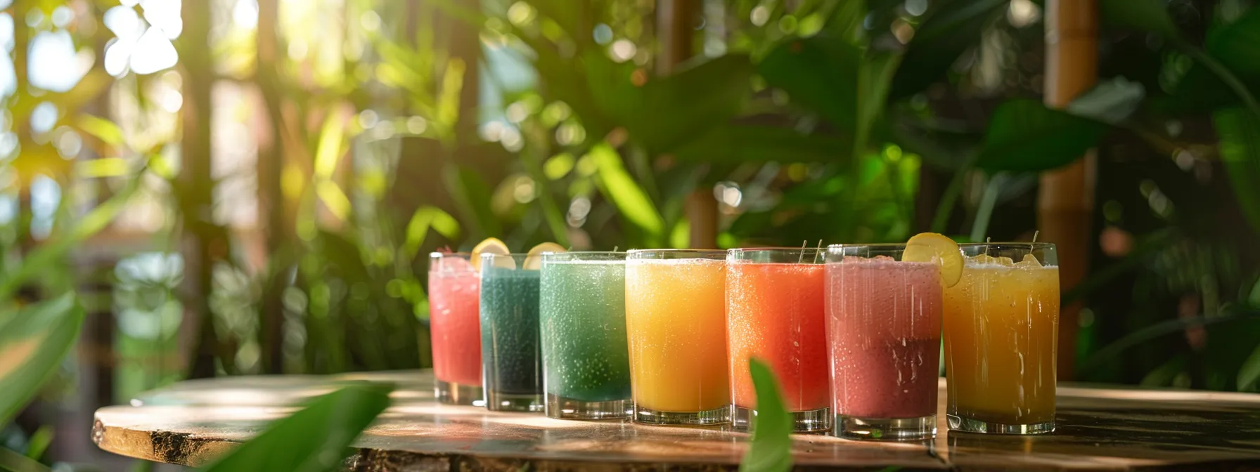 a serene, close-up view of an array of colorful beverages arranged on a wooden table, surrounded by lush greenery, symbolizing the harmony of personal choice and balanced hydration during fasting.