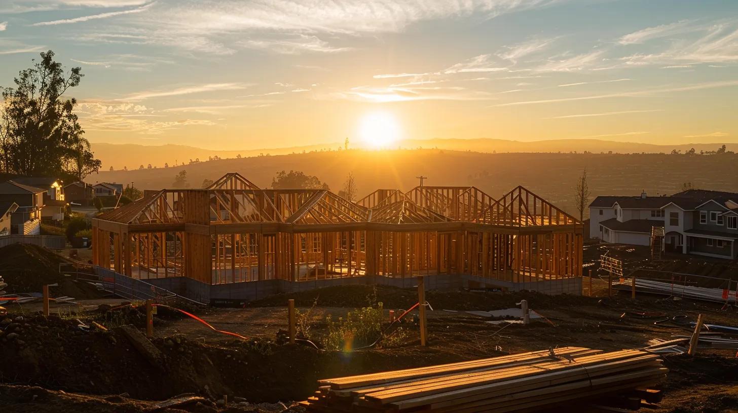 a serene construction site at sunrise showcases a skeletal framework of a custom home, symbolizing the harmonious blend of vision and planning essential for creating a dream home. a serene construction site at sunrise showcases a skeletal framework of a custom home, symbolizing the harmonious blend of vision and planning essential for creating a dream home.