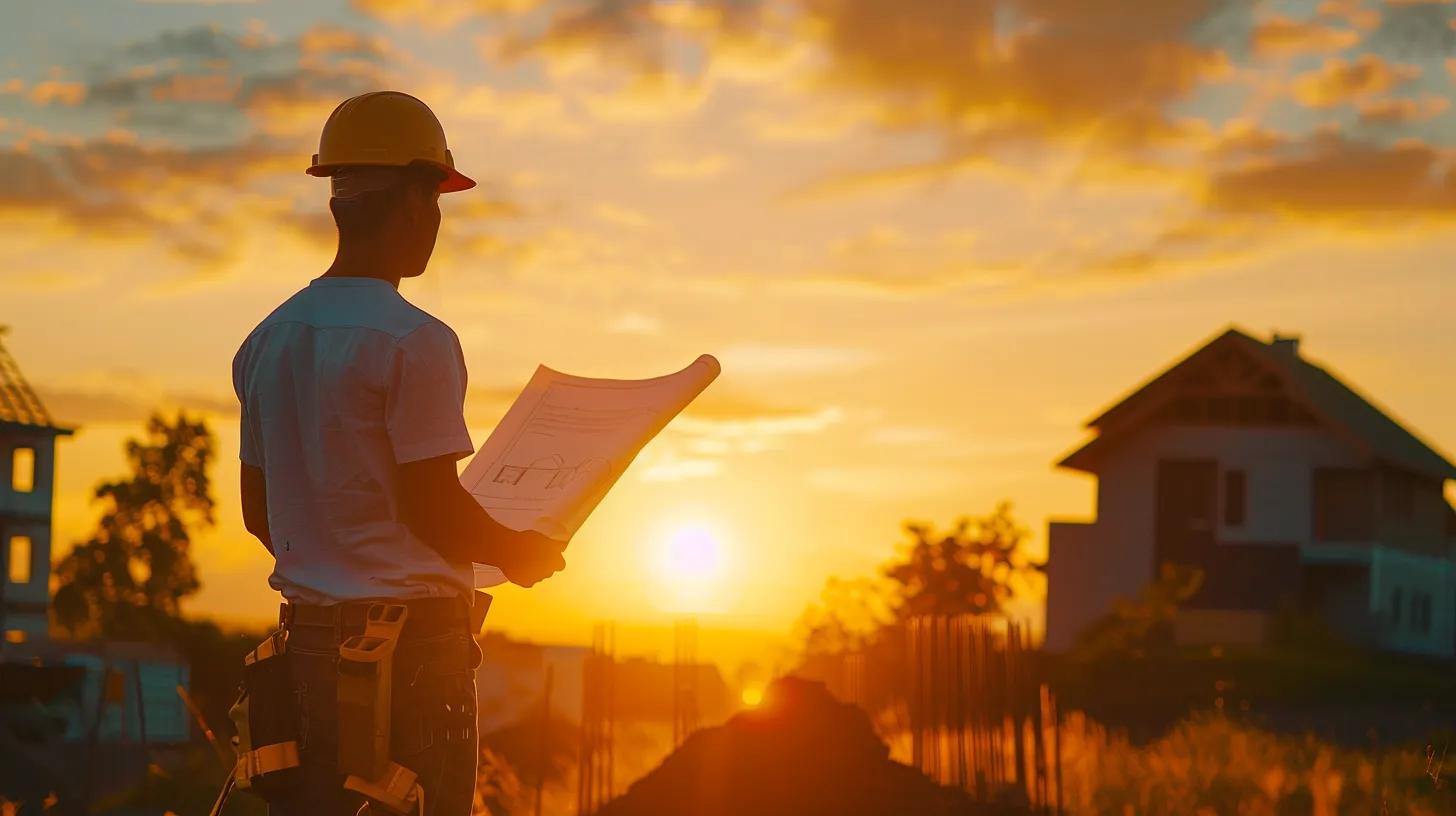 a serene construction site at dusk, bathed in warm golden light, showcases a skilled builder inspecting blueprints, symbolizing effective communication and careful planning in the custom home building process. a serene construction site at dusk, bathed in warm golden light, showcases a skilled builder inspecting blueprints, symbolizing effective communication and careful planning in the custom home building process.