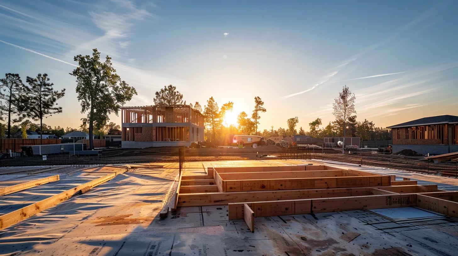 a serene construction site at sunrise, showcasing a partially built custom home surrounded by materials and plans, symbolizing careful management and anticipation of hidden costs in a clear, organized manner. a serene construction site at sunrise, showcasing a partially built custom home surrounded by materials and plans, symbolizing careful management and anticipation of hidden costs in a clear, organized manner.