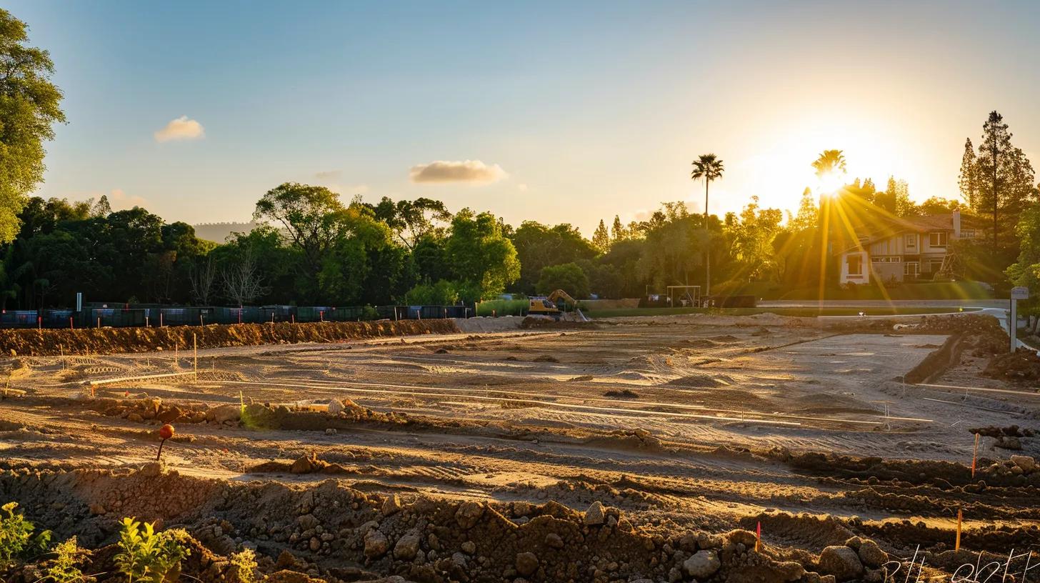 a serene construction site is bathed in golden hour sunlight, showcasing freshly cleared and graded soil, ready for the foundation of a custom home to be laid, surrounded by lush greenery and a clear blue sky. a serene construction site is bathed in golden hour sunlight, showcasing freshly cleared and graded soil, ready for the foundation of a custom home to be laid, surrounded by lush greenery and a clear blue sky.
