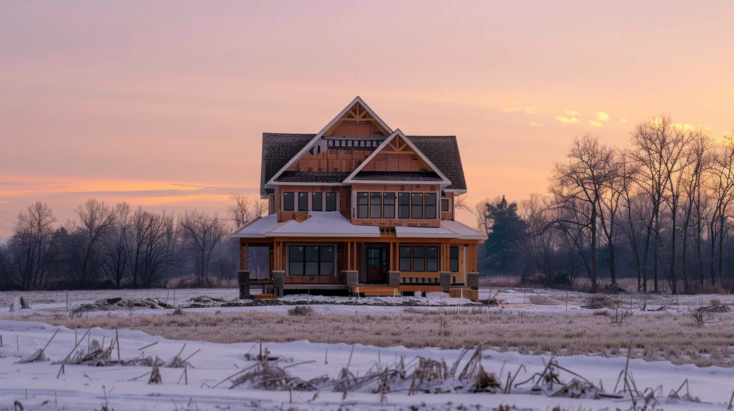 a serene custom home under construction, bathed in soft morning light. a serene custom home under construction, bathed in soft morning light.