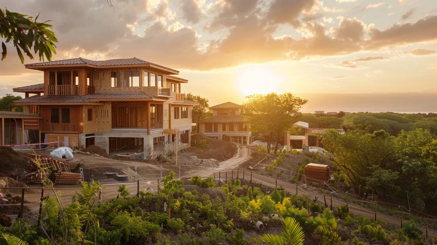 a serene custom home under construction stands amidst lush greenery, showcasing a blend of modern architecture and natural elements, illuminated by the warm glow of the setting sun that highlights the intricate details of the building process. a serene custom home under construction stands amidst lush greenery, showcasing a blend of modern architecture and natural elements, illuminated by the warm glow of the setting sun that highlights the intricate details of the building process.