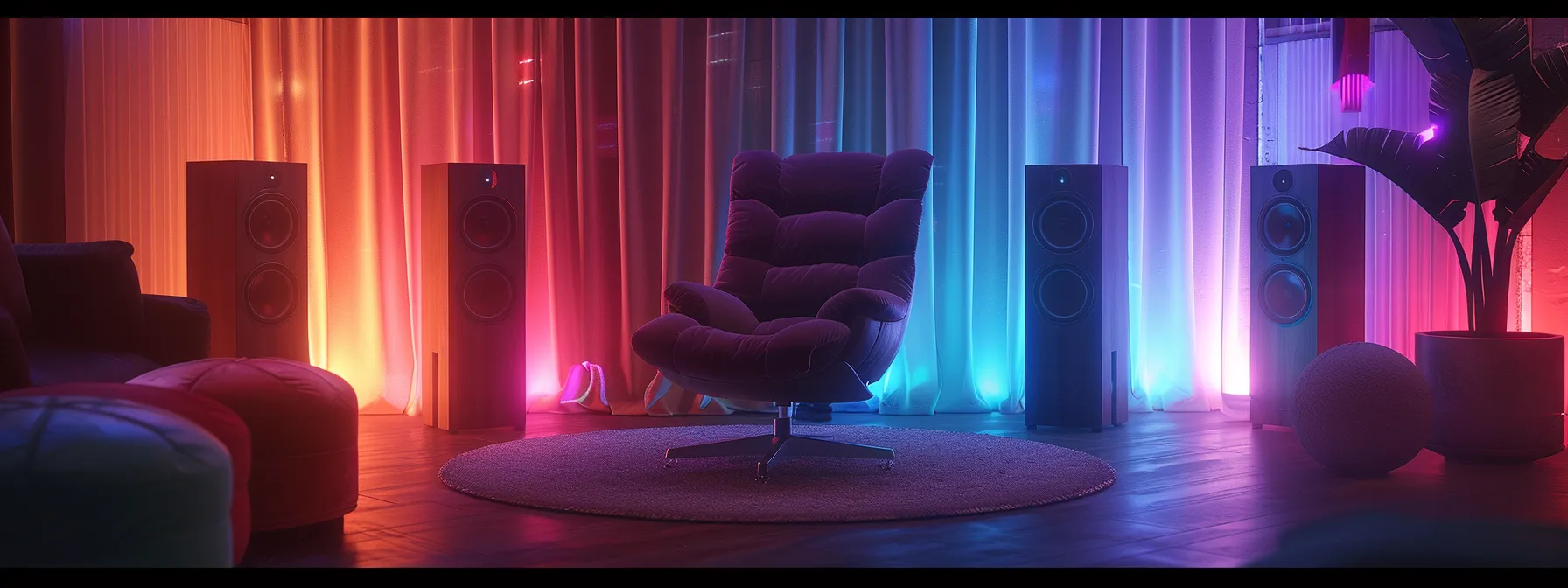 a serene, dimly-lit room adorned with glowing, colorful ambient lights, featuring a plush chair surrounded by high-quality speakers, inviting a sense of tranquility and immersion for an enhanced musical experience during a psychedelic journey.