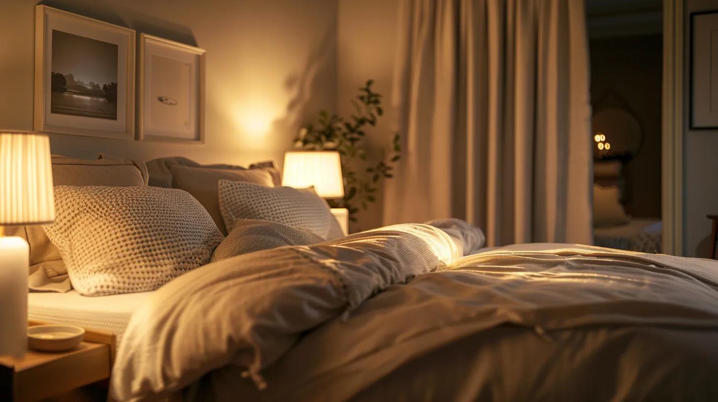 a serene, dimly lit bedroom showcases luxurious bedding and calming decor, emphasizing the peaceful ambiance essential for an optimal sleep environment. a serene, dimly lit bedroom showcases luxurious bedding and calming decor, emphasizing the peaceful ambiance essential for an optimal sleep environment.