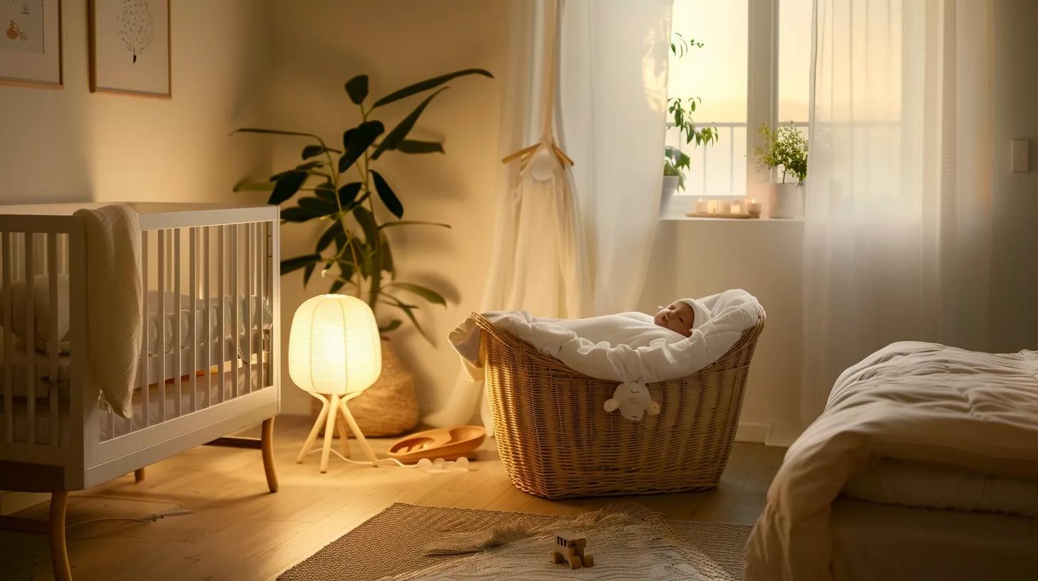 a serene domestic setting features a gently illuminated nursery with a neatly arranged moses basket in the corner, emphasising safe sleep practices and thoughtful interior design.