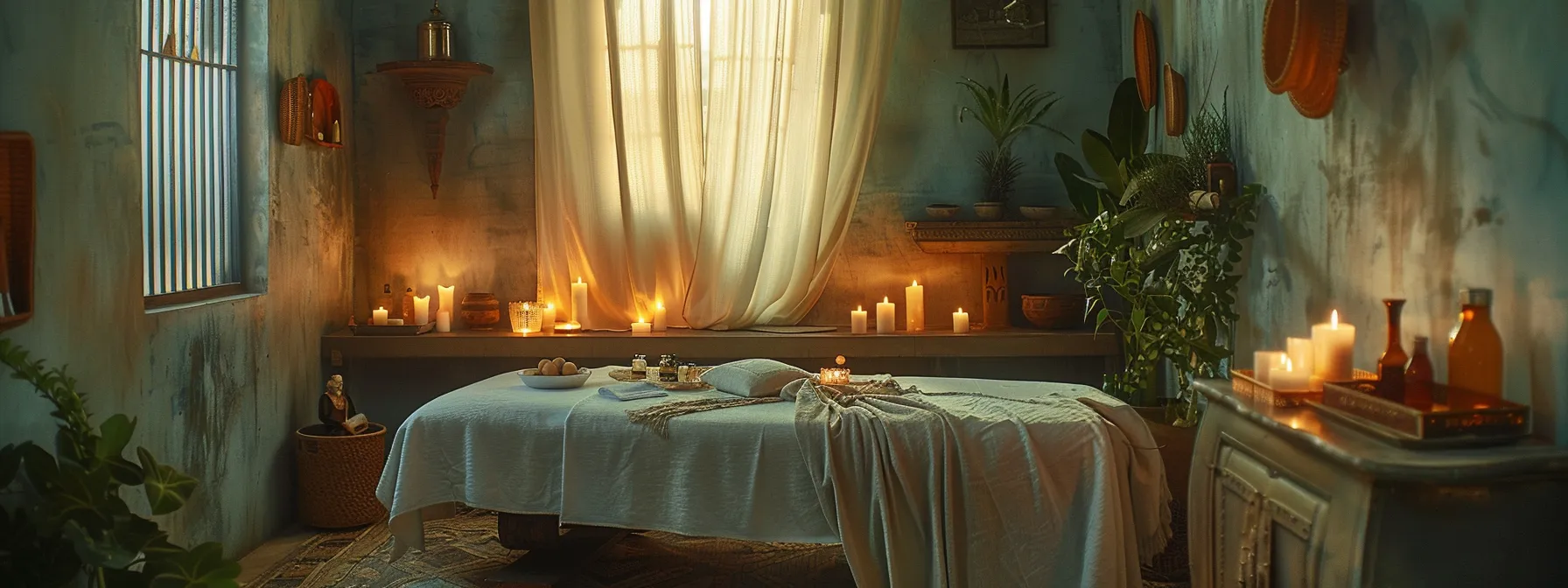 a serene, elegantly-appointed ayurvedic spa room features a massage table draped in soft linens, surrounded by soothing candlelight and traditional herbal oils, embodying the essence of holistic relaxation and wellness. a serene, elegantly-appointed ayurvedic spa room features a massage table draped in soft linens, surrounded by soothing candlelight and traditional herbal oils, embodying the essence of holistic relaxation and wellness.