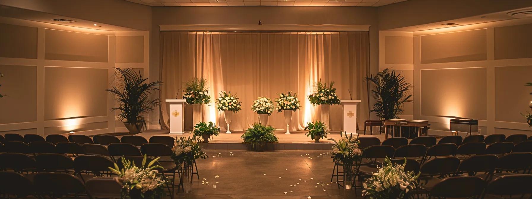 a serene, elegantly arranged memorial service setup in a tasteful gainesville event space, adorned with soft lighting, simple floral arrangements, and comfortable seating, reflecting the theme of budget-friendly pre-planning cremation choices.