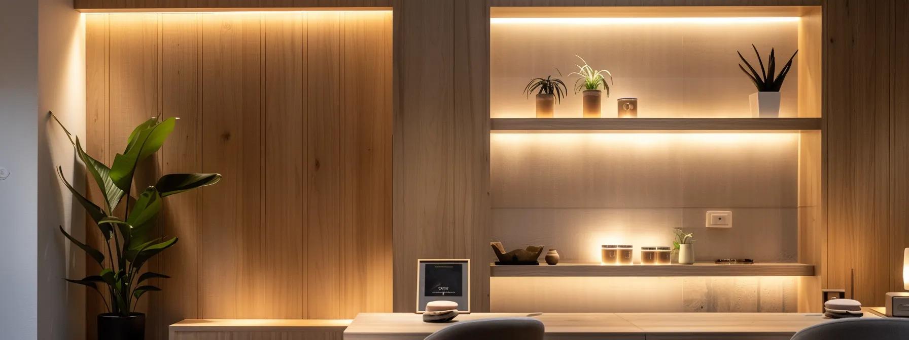 a serene, elegantly arranged office space featuring soft, warm lighting, minimalist decor, and subtle aromatherapy elements that evoke a sense of harmony and tranquility for stress relief and mental clarity. a serene, elegantly arranged office space featuring soft, warm lighting, minimalist decor, and subtle aromatherapy elements that evoke a sense of harmony and tranquility for stress relief and mental clarity.