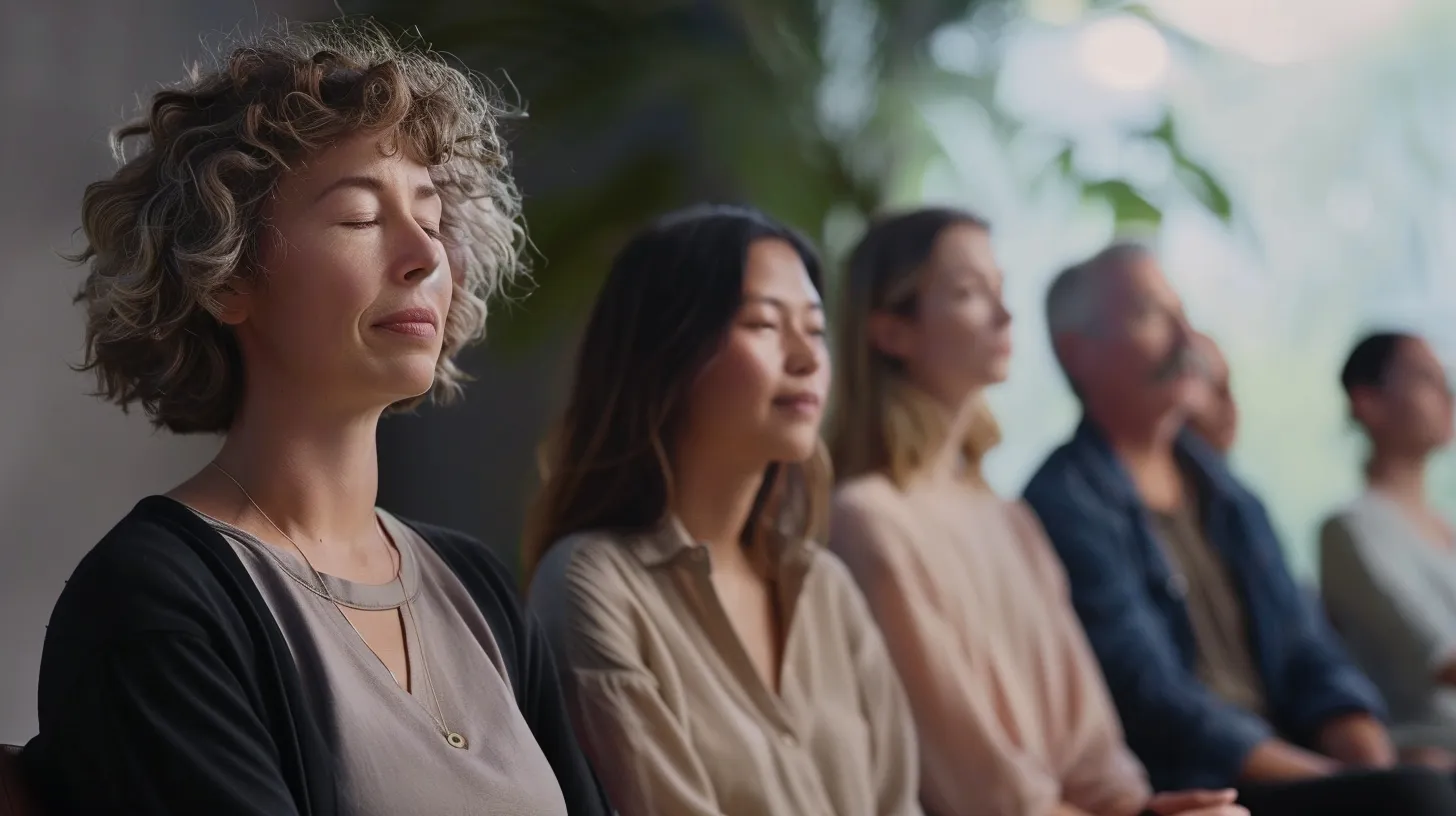 a serene environment showcases a diverse group of users experiencing the tranquility brought by phonak's advanced noise cancellation technology, captured in soft, natural lighting to emphasize their expressions of relief and satisfaction.
