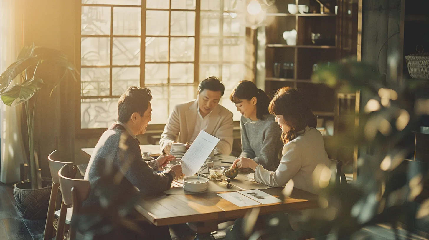a serene family gathering around a beautifully set table, showcasing an open estate planning document and symbolizing harmony and clarity in wealth management. a serene family gathering around a beautifully set table, showcasing an open estate planning document and symbolizing harmony and clarity in wealth management.