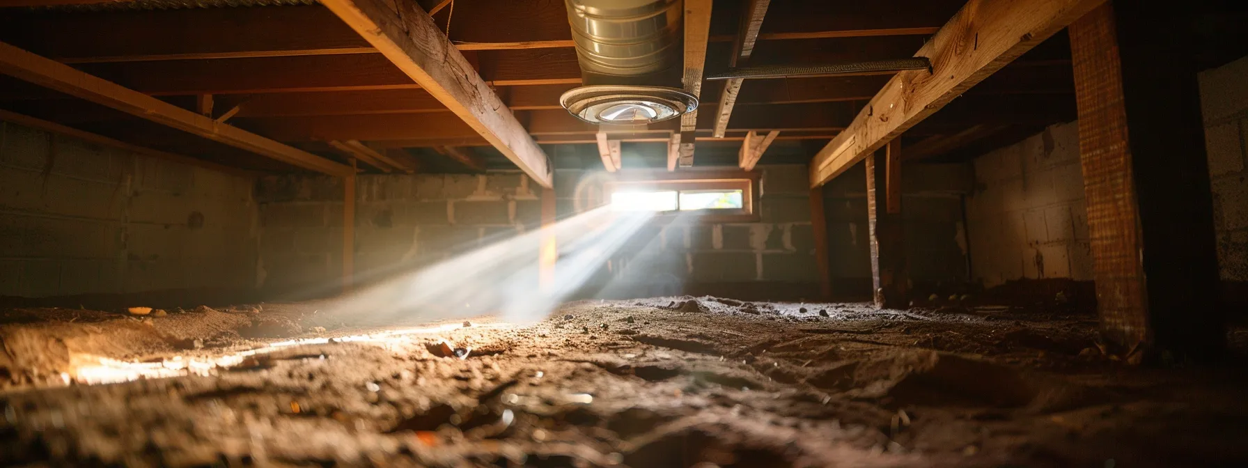 a serene fort mill home showcases a pristine, encapsulated crawlspace, illuminated by natural light streaming through a vent, emphasizing the clean, dry environment essential for homeowners seeking peace of mind.