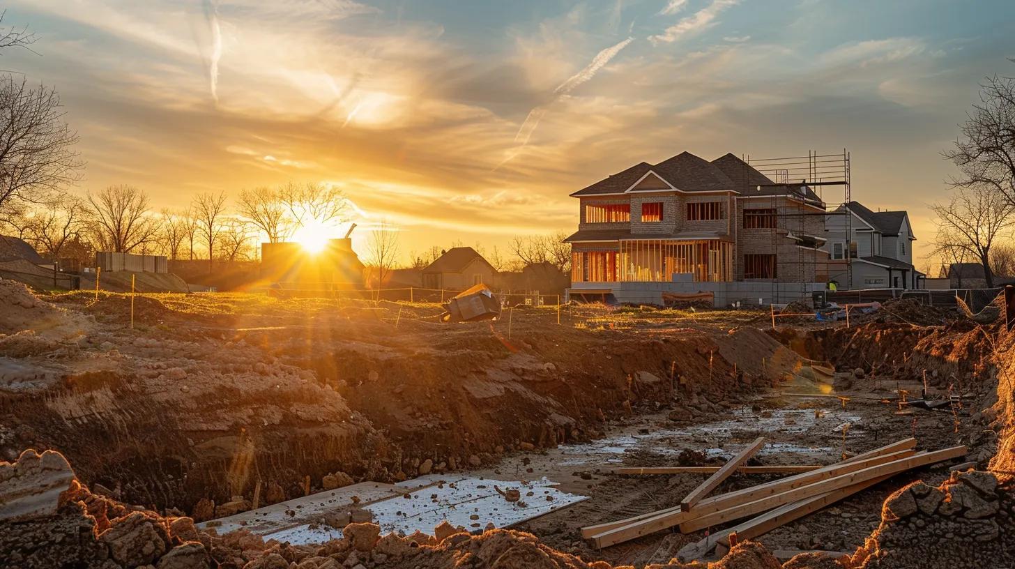 a serene home construction site at dawn, showcasing a prominently placed building permit document against a backdrop of freshly dug foundation and scattered construction materials, symbolizing the essential role of permits in custom home building. a serene home construction site at dawn, showcasing a prominently placed building permit document against a backdrop of freshly dug foundation and scattered construction materials, symbolizing the essential role of permits in custom home building.