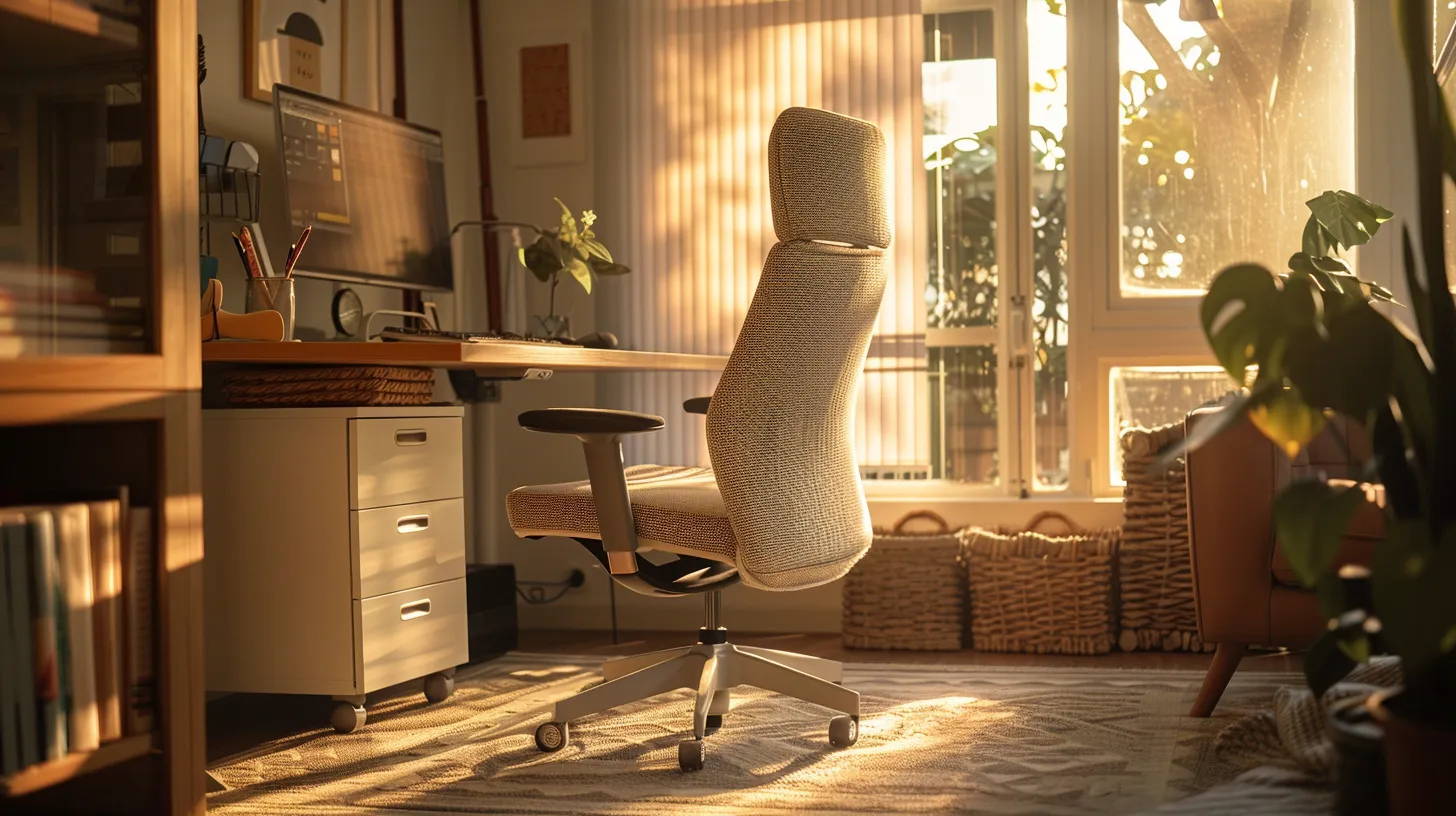 a serene home office scene bathed in warm, natural light, featuring an ergonomic chair and well-arranged workspace that emphasizes the importance of healthy lifestyle choices for back pain prevention. a serene home office scene bathed in warm, natural light, featuring an ergonomic chair and well-arranged workspace that emphasizes the importance of healthy lifestyle choices for back pain prevention.