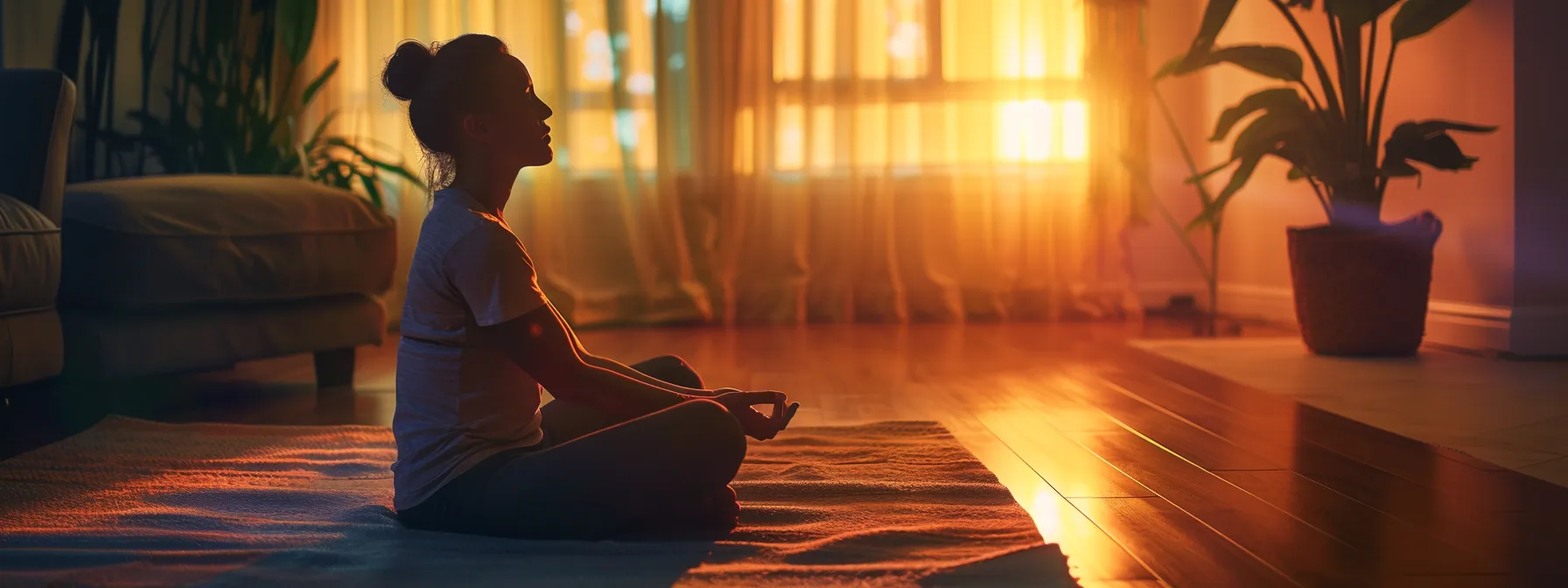 a serene indoor setting features a person comfortably practicing relaxation stretches on an exercise mat, illuminated by soft, focused lighting that emphasizes a calm and restorative atmosphere for back pain relief.