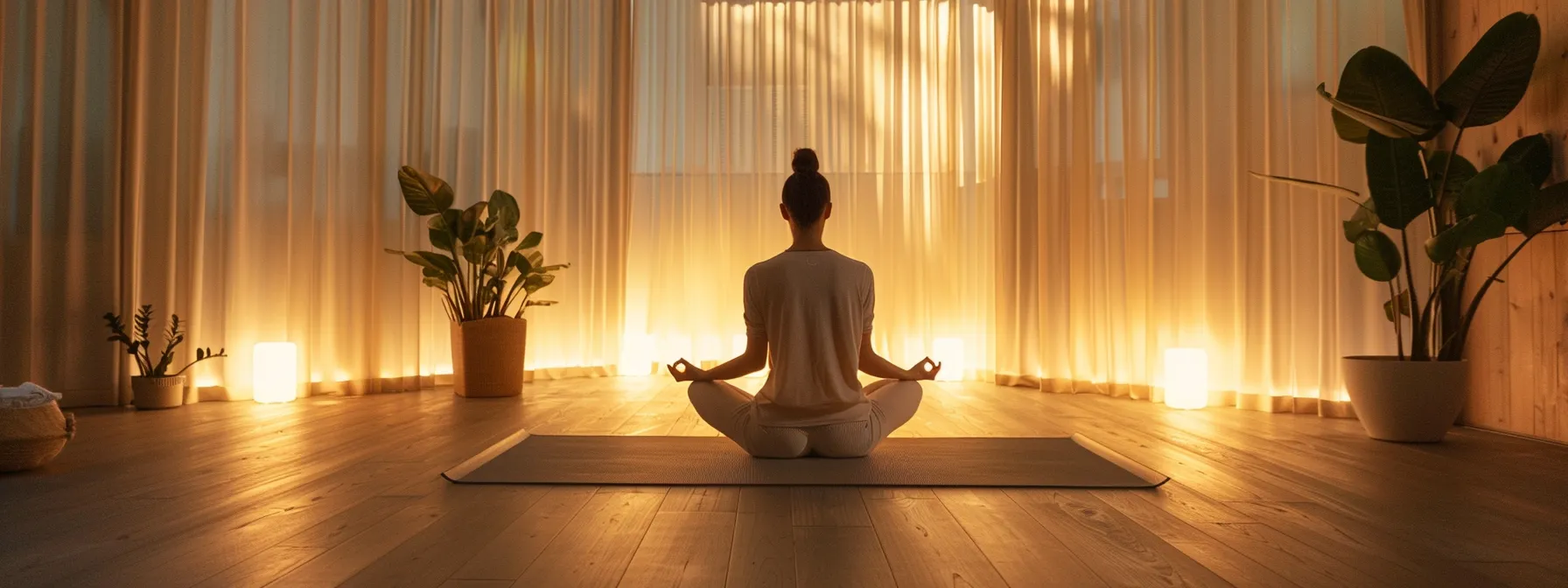 a serene indoor wellness studio featuring a relaxed individual practicing gentle stretches on a yoga mat, surrounded by calming decor and soft, ambient lighting to promote a sense of tranquility and back pain relief.