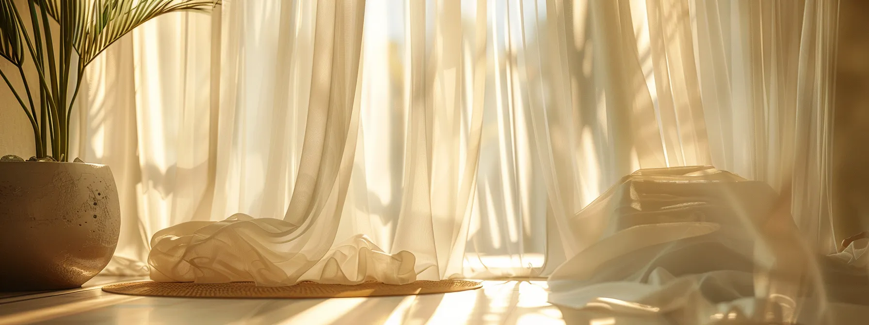 a serene interior space elegantly showcases flowing white sheer curtains draping gracefully over a sunlit window, creating a soft ambiance that enhances the minimalist decor with an airy, sophisticated touch.