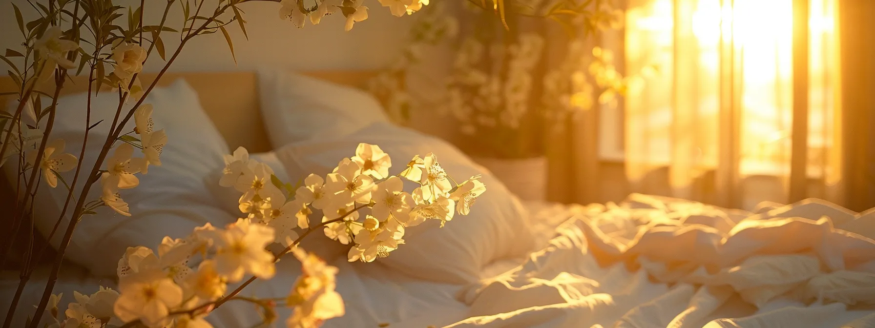 a serene, intimate setting featuring a softly lit bedroom adorned with blooming flowers, symbolizing rejuvenation and enhanced sexual vitality through hormone replacement therapy for women.