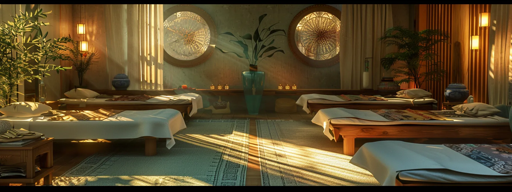 a serene, inviting ayurvedic massage center interior features elegantly arranged massage tables and calming decor, with soft ambient lighting that radiates tranquility, accentuating a space designed for relaxation and holistic wellness. a serene, inviting ayurvedic massage center interior features elegantly arranged massage tables and calming decor, with soft ambient lighting that radiates tranquility, accentuating a space designed for relaxation and holistic wellness.
