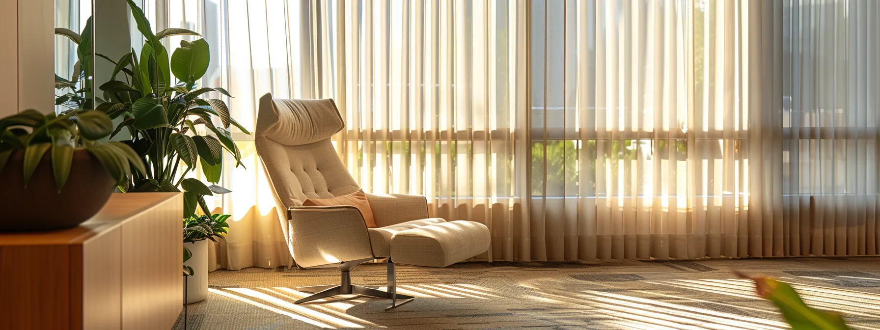 a serene, inviting office space with soft natural light filtering through the curtains, featuring a comfortable chair and a welcoming atmosphere that symbolizes accessibility and mental well-being for individuals seeking psychological evaluation services.