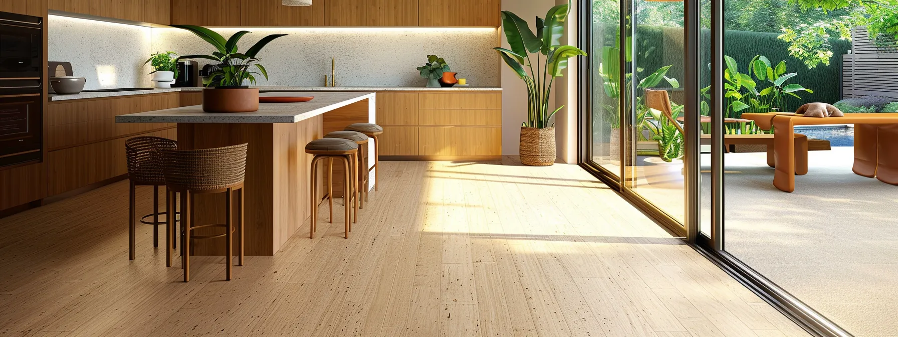 a serene kitchen bathed in natural light features elegant eco-friendly cork and jute flooring, showcasing the harmony of sustainable materials with sleek design elements and rich textures. a serene kitchen bathed in natural light features elegant eco-friendly cork and jute flooring, showcasing the harmony of sustainable materials with sleek design elements and rich textures.