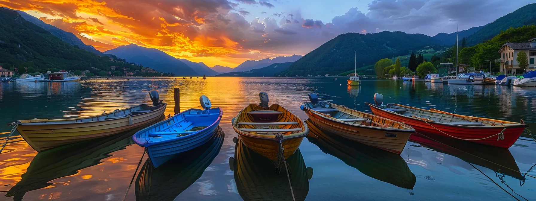 a serene lakeside scene at sunset showcases a variety of boats moored gently on the calm water, each reflecting the vibrant hues of the sky, inviting adventure and relaxation. a serene lakeside scene at sunset showcases a variety of boats moored gently on the calm water, each reflecting the vibrant hues of the sky, inviting adventure and relaxation.
