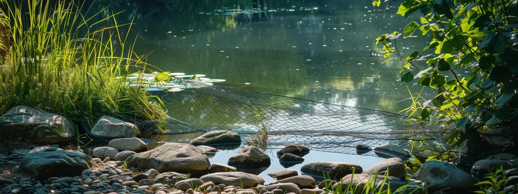 a serene lakeside scene showcases a well-maintained fishing landing net resting on smooth stones, surrounded by vibrant greenery and reflected sunlight, inviting a sense of tranquility and care for the art of fishing. a serene lakeside scene showcases a well-maintained fishing landing net resting on smooth stones, surrounded by vibrant greenery and reflected sunlight, inviting a sense of tranquility and care for the art of fishing.