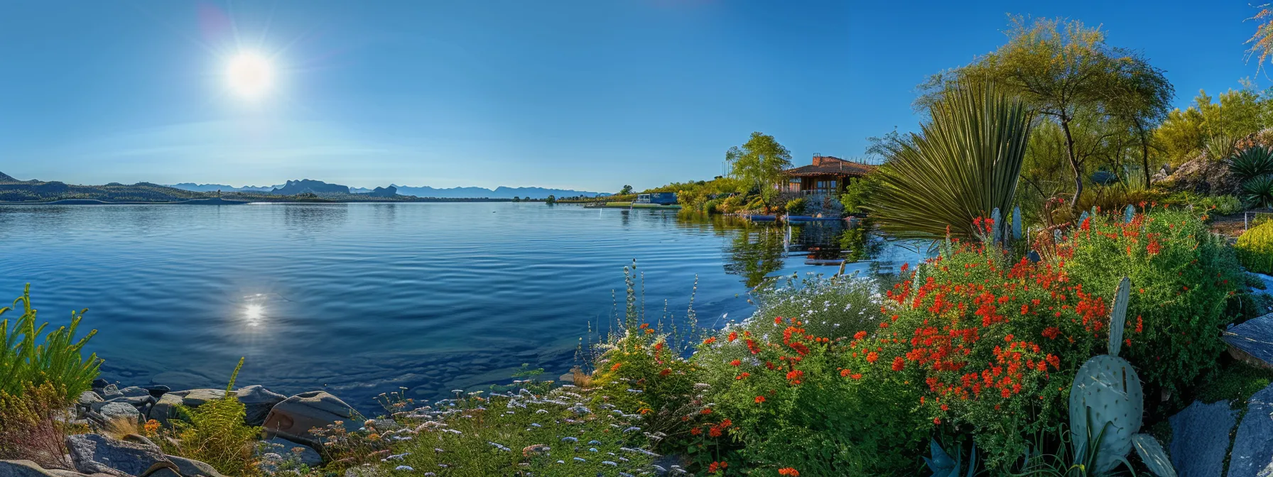 a serene lakeside setting at lake pleasant captures the essence of private rental advantages, featuring a cozy, inviting cottage surrounded by lush greenery and vibrant wildflowers, with tranquil waters reflecting a clear blue sky. a serene lakeside setting at lake pleasant captures the essence of private rental advantages, featuring a cozy, inviting cottage surrounded by lush greenery and vibrant wildflowers, with tranquil waters reflecting a clear blue sky.