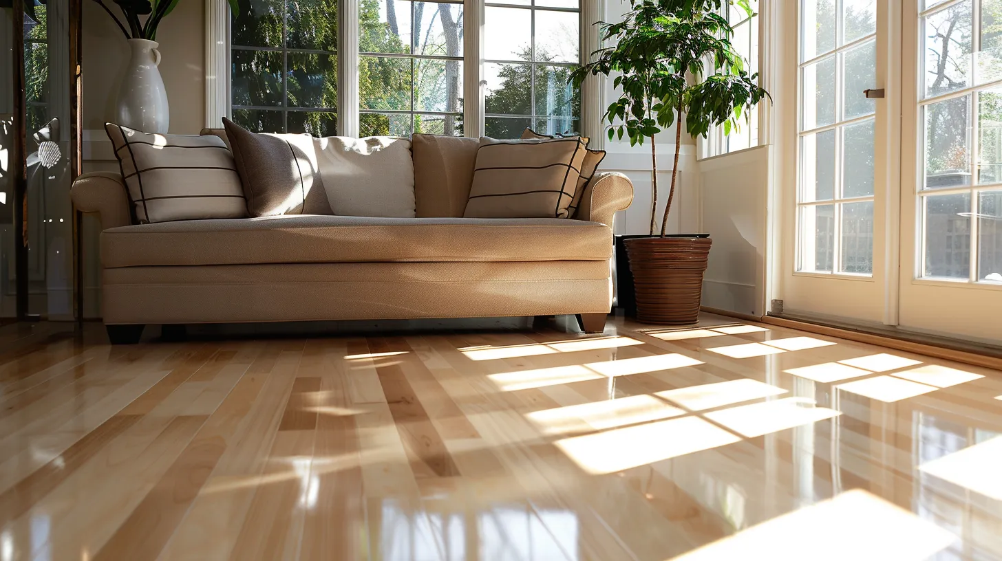 a serene living room bathed in natural light, showcasing a spotless couch and gleaming floors, symbolizing the reliability and meticulousness of professional home cleaning services.