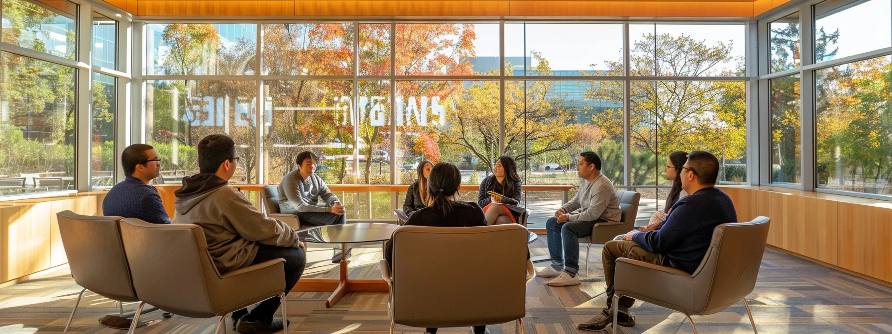 a serene meeting space filled with warm, inviting light, showcasing a diverse group of individuals engaged in a supportive dialogue, symbolizing community and empowerment in immigration and mental health advocacy.