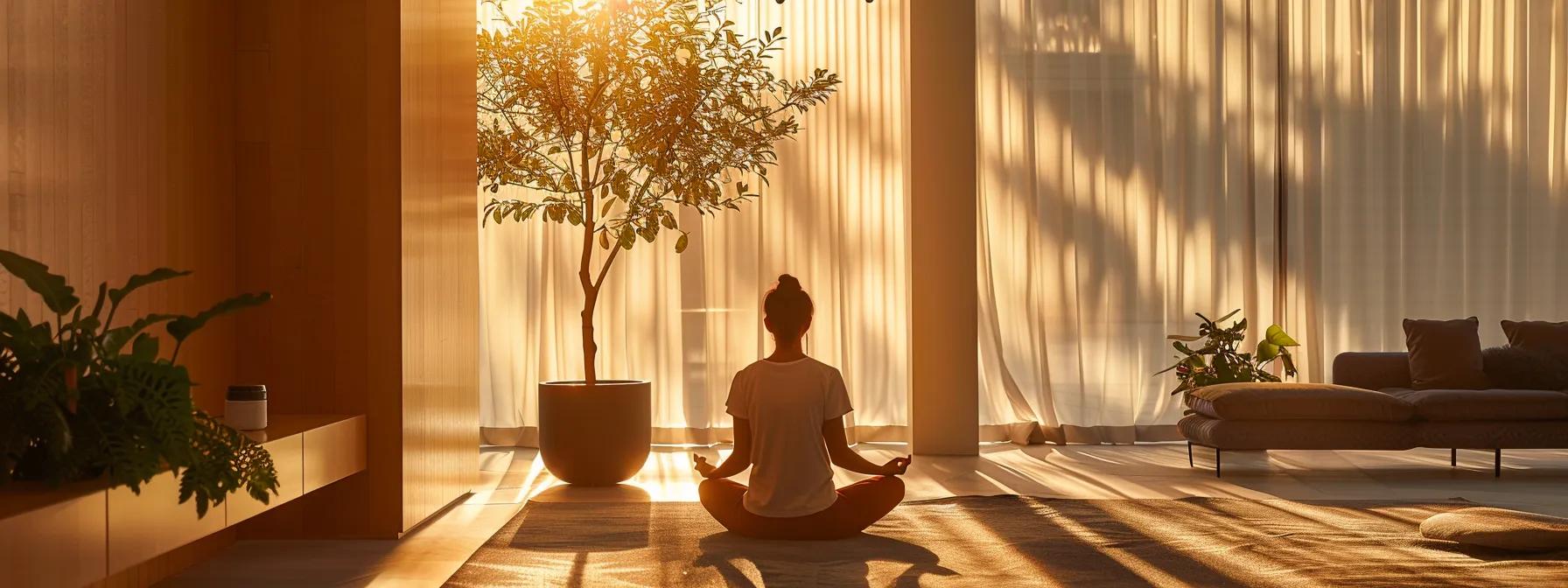 a serene, modern office space bathed in warm, ambient lighting showcases a peaceful individual engaged in mindful activities, such as meditative breathing and self-massage, surrounded by calming decor that embodies the principles of dinacharya for stress management and inner tranquility. a serene, modern office space bathed in warm, ambient lighting showcases a peaceful individual engaged in mindful activities, such as meditative breathing and self-massage, surrounded by calming decor that embodies the principles of dinacharya for stress management and inner tranquility.