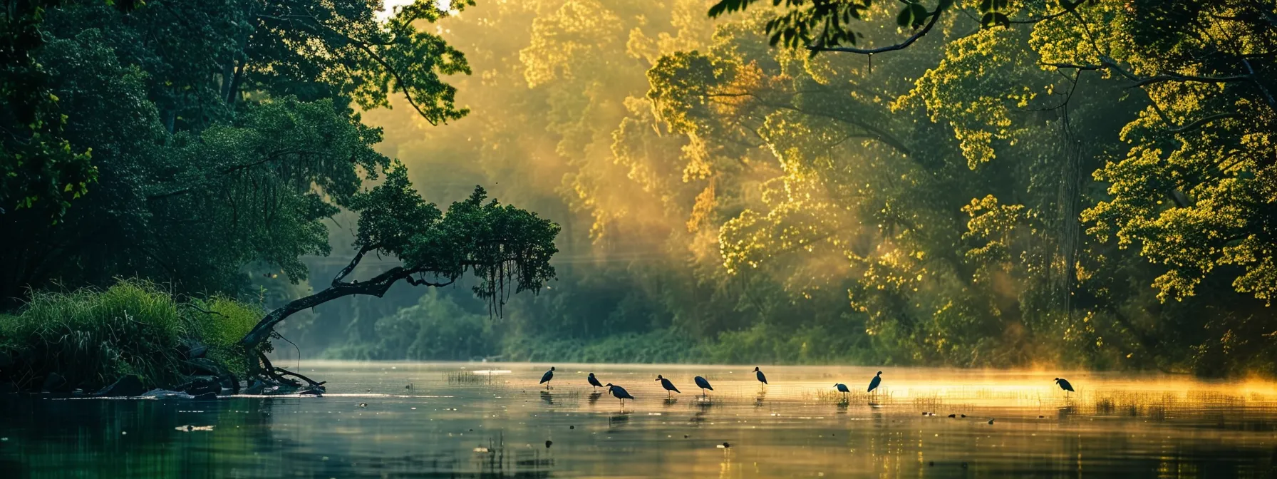 a serene morning along the ocoee river captures vibrant birds perched amidst lush greenery, highlighting the importance of preserving their natural habitat under soft, golden sunlight.