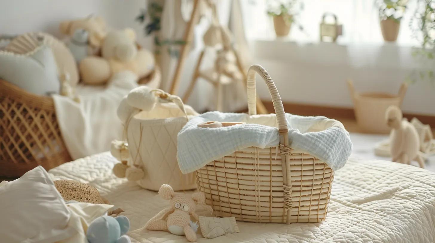 a serene nursery setting features a beautifully arranged moses basket on a soft, pastel quilt, surrounded by essential newborn safety items, exuding an atmosphere of calm and security.