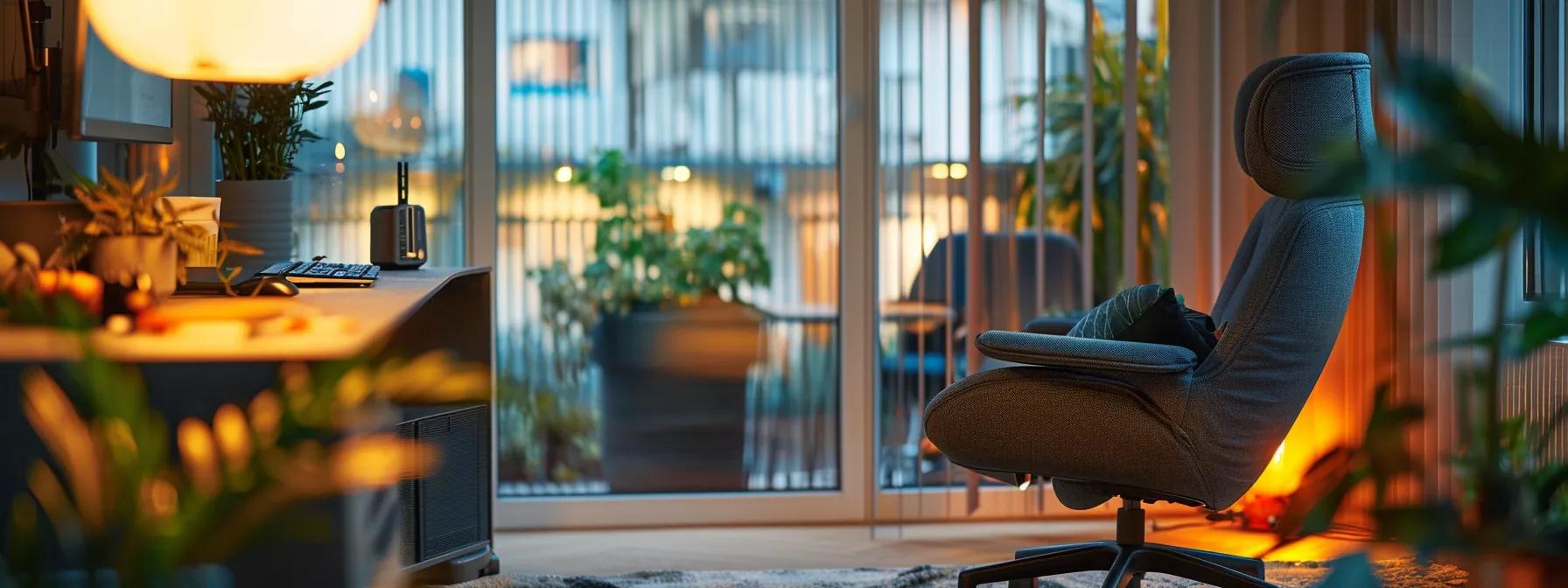 a serene office environment features a stylishly arranged workspace with soft ambient lighting, where a comfortably seated individual enjoys a calming moment of relaxation, embodying the soothing effects of indica strains. a serene office environment features a stylishly arranged workspace with soft ambient lighting, where a comfortably seated individual enjoys a calming moment of relaxation, embodying the soothing effects of indica strains.