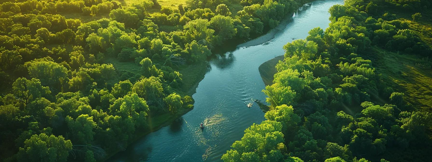 a serene river flows gently through lush green landscapes, with soft ripples reflecting the sunlight, inviting beginners to embark on their whitewater rafting adventure.