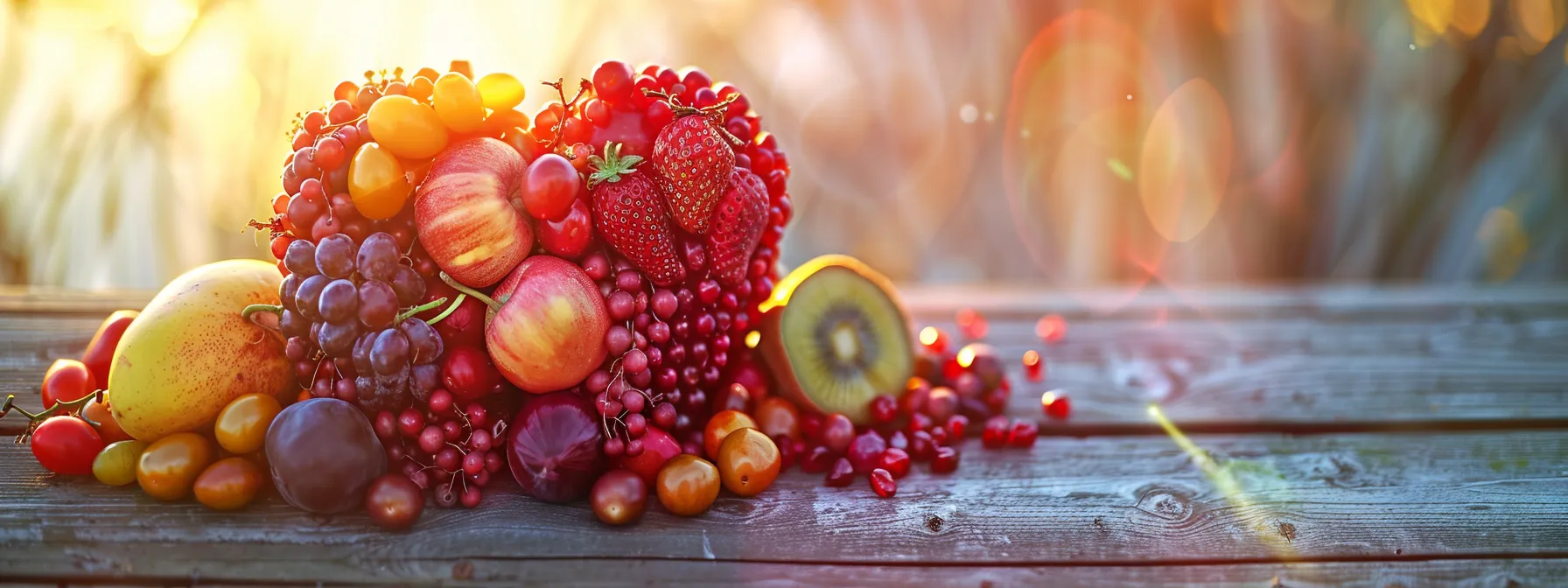 a serene setting featuring a heart-shaped arrangement of vibrant fruits and vegetables, symbolizing the connection between hormone replacement therapy and heart health, illuminated by soft, warm lighting to evoke a sense of wellness and vitality.