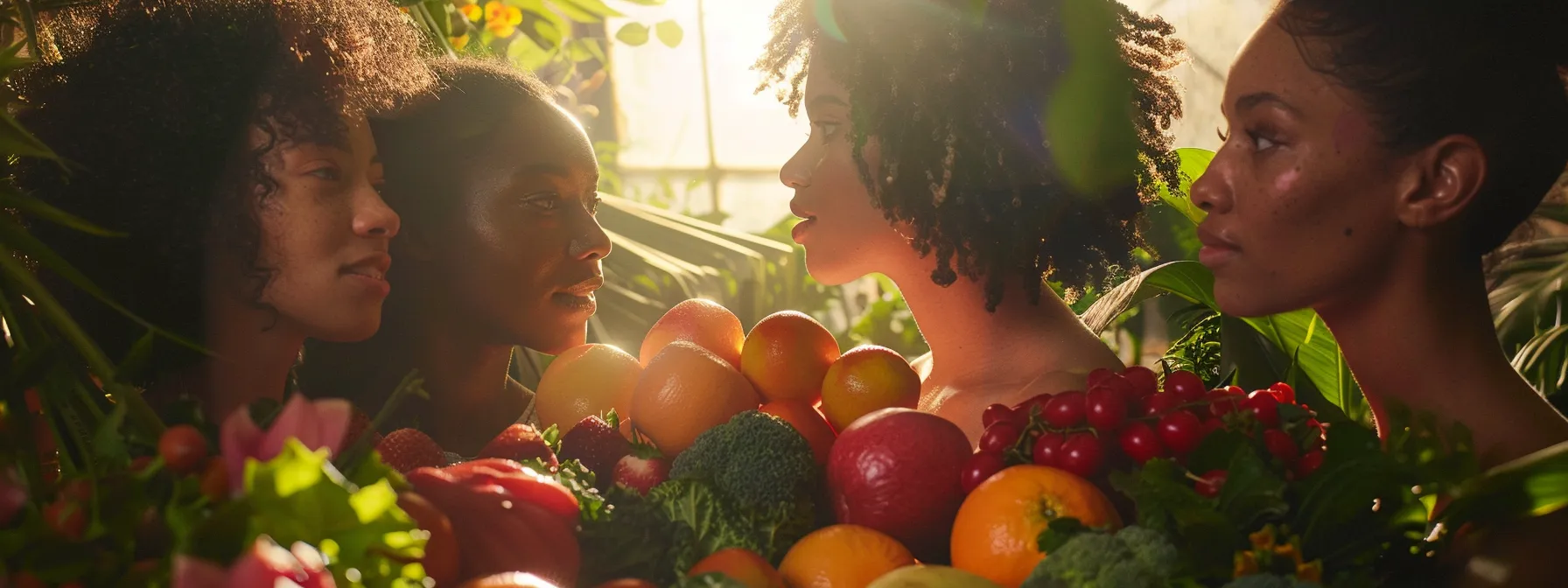 a serene, softly lit scene depicts a diverse group of women at various life stages, each surrounded by vibrant fruits and vegetables, symbolizing their unique multivitamin needs and the tailored support for optimal wellness throughout their journeys.