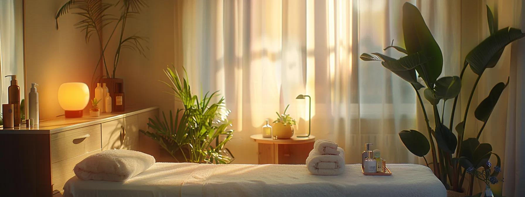 a serene spa room features a comfortable waxing table, soft ambient lighting, and neatly arranged skincare products, emphasizing the gentle and soothing experience of a brazilian wax.