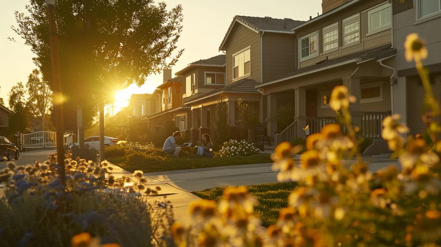 a serene suburban neighborhood is depicted with a newly constructed home at its center, sunlight casting warm hues on the vibrant facade as a thoughtful homeowner researches potential contractors with a laptop open nearby, surrounded by blooming flowers. a serene suburban neighborhood is depicted with a newly constructed home at its center, sunlight casting warm hues on the vibrant facade as a thoughtful homeowner researches potential contractors with a laptop open nearby, surrounded by blooming flowers.
